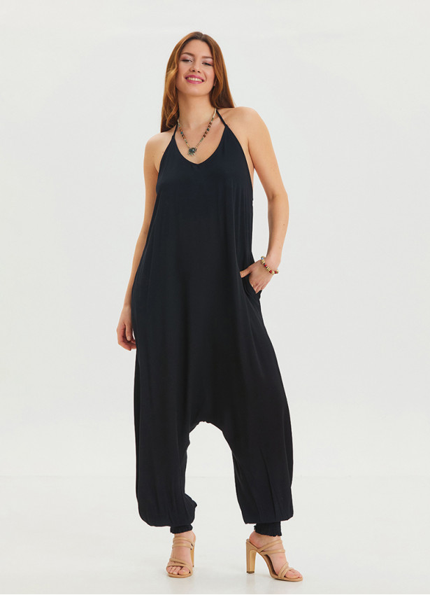 Black Bohemian Jumpsuit with Elasticated Legs and Tied Neck 4484